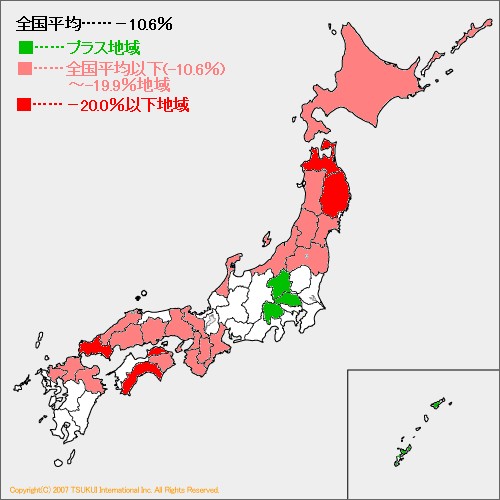 県別1996年から2006年の10年間の産婦人科医医師の推移で、プラス地域と全国平均以下を2区分で色分けしたもの。