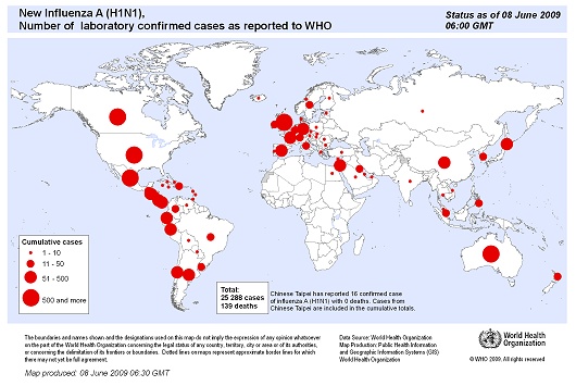 WHO発表の2009年6月8日現在における確認済み感染者数