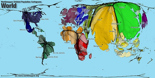普通の世界地図を元に、人口が密集する地域ほど面積を大きくする方式で修正を加えた世界地図