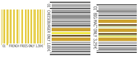 ↑ 左からフライドポテト・チーズバーガー・ビッグマックのバーコード広告。実際にはそれぞれ白地の中央に、小さくプリントされている。