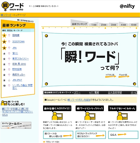↑ @niftyの検索サービスのデータを元に、旬のキーワードを表示する「瞬!ワード」。日にち単位での「検索された言葉」のトレンドを追いかけるのならこれで十分なのだが……