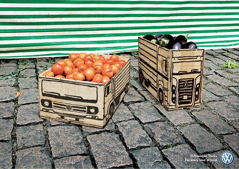 ↑ フォルクスワーゲン・トラックの「どんな荷物でも運びますよ-」な広告。