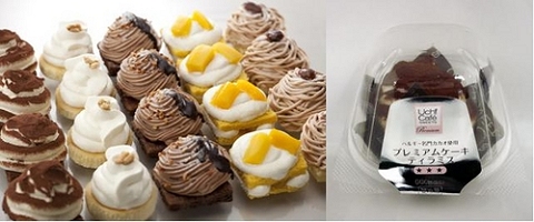 ↑ 写真左：プレミアムケーキ全5種類（左から、ティラミス、チーズ、チョコ、マンゴー、モンブラン）、写真右：プレミアムケーキ専用容器に入ったティラミス