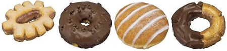 ↑ 左から「スイートリングドーナツ」「ミルクチョコリングドーナツ(ホイップクリーム)」「ふんわりホイップクリームドーナツ」「オールドファッションドーナツ(チョコ)」