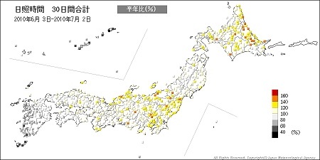 ↑ 日照時間30日間合計