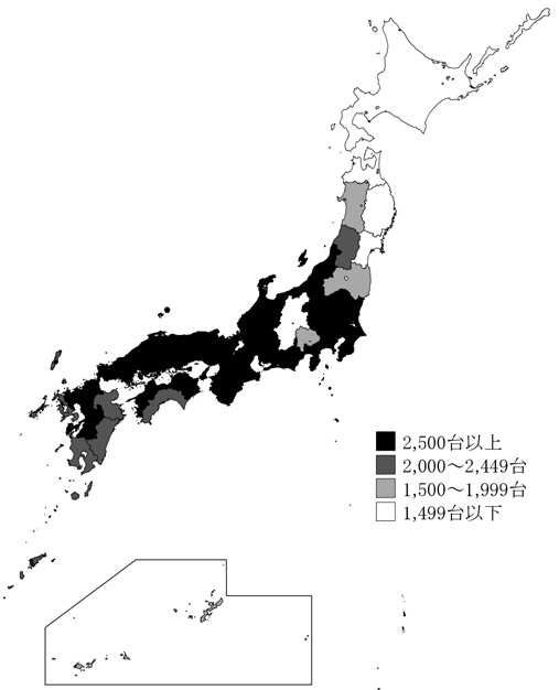 ↑ 都道府県別・1000世帯あたりのルームエアコン所有台数