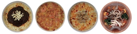 ↑ 左から「チーズハンバーグドリア」「海老とペンネのクリーミーグラタン」「チキンドリア」「鶏ときのこの雑炊」