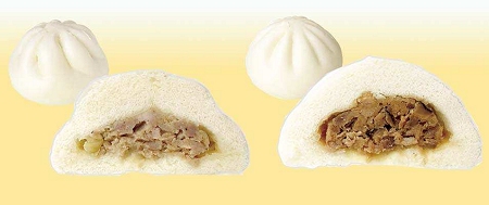 ↑ 白まる肉まん(左)と黒まる肉まん(右)