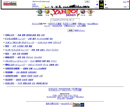 ↑ せっかくなので1996年のyahoo.co.jpを表示。一部グラフィックが欠けてしまっているが、異様なまでにすっきりしているのが分かる。上のメニューに「Yahoo!版IE3.01」とあるあたり、時代を感じさせる