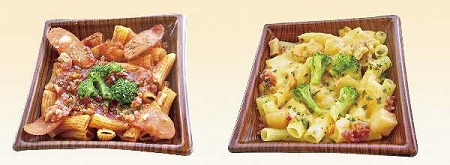 ↑ 「ショート生パスタアラビアータ」(左)と「ショート生パスタチーズクリーム」(右)