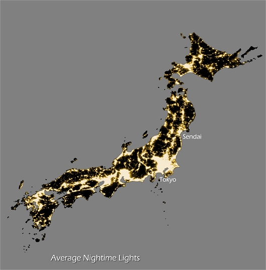 ↑ 地震以前の平均的な夜間時における照明