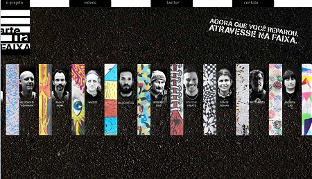 ↑ 専用のサイト、Arte na faixaへアクセス。横断歩道はまるで短冊のようなキャンパス。ずらりと並ぶ作品群。クリックすると詳細が表示される。