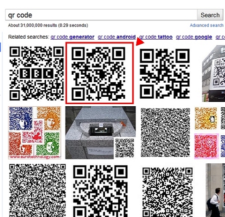 ↑ 「QR Code」の検索結果。Justinsomnia.orgのURLを意味するQRコードが第二位に収まっている