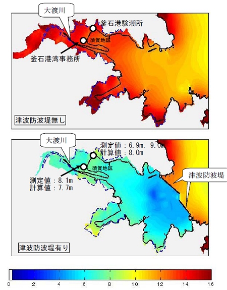↑ 最大遡上高・津波高の計算結果(上空から見た面)