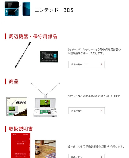 ↑ ニンテンドー3DSの場合、「周辺機器・保守用部品」「(関連)商品」「取扱説明書」の3カテゴリが存在する