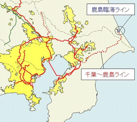 ↑ 東京ガスの高圧ガスパイプライン「千葉-鹿島ライン」と、鹿島火力発電所へのガス供給のために延長増設される「鹿島臨海ライン」