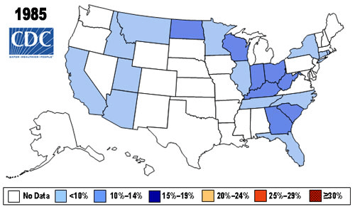 ↑ 1985-2010年における、アメリカ各州のBMI値30.0以上の大人の割合