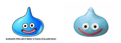 ↑ ゲーム内に登場する「スライム」(左)と今回発売が決まった「スライム肉まん」のイメージ(右)