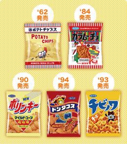 ↑ これら5つの復刻パッケージを含んだスナック10袋詰め合わせがプレゼントされる