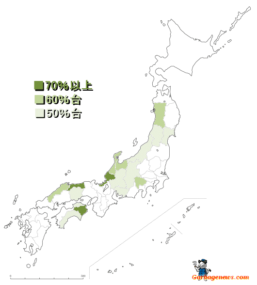 ↑ 地方紙がトップシェアを持つ都道府県のうち、そのシェアが50%以上のところ。色が濃いほどシェア比が高い