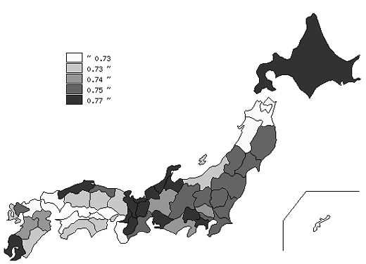 ↑ 都道府県別の高齢者福祉指数(総合スコア)結果