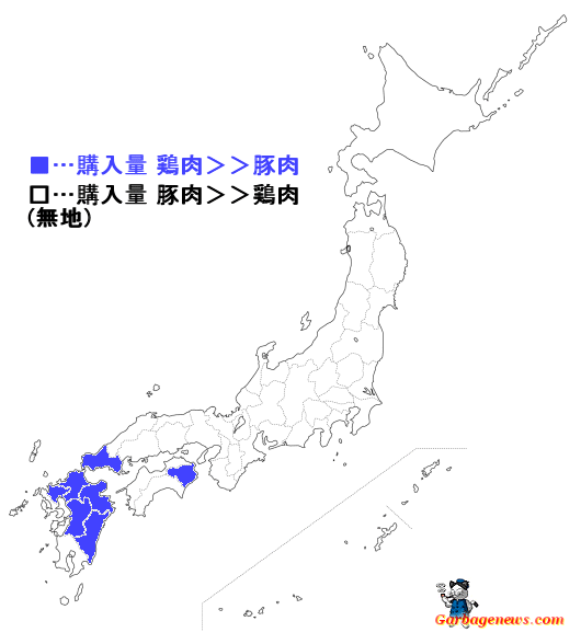 ↑ 都道府県別・「豚肉」「鶏肉」の年間消費(購入)分量の高低(2010年)