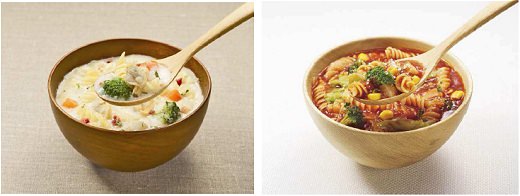 ↑ スープ生パスタ クラムチャウダー(左)とスープ生パスタ ミネストローネ(右)(※器は別容器に移したもの)