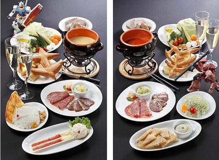 ↑ 「冬の寒さを吹き飛ばせ!激突 連邦VSジオン 予約限定 パーティコースメニュー」(左が連邦、右がジオン)(写真の料理は2人前)(プラモデルはコースには含まれない)