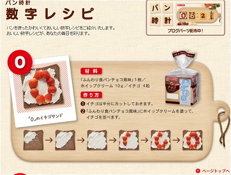 ↑ パン時計 数字レシピ。山崎製パンの商品を用い、色々な工夫をして数字を形成しているのが分かる