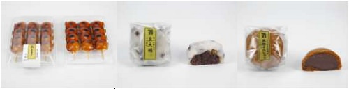 ↑ 左から「串団子」「豆大福」「黒糖まんじゅう」