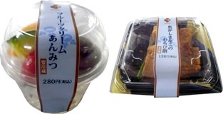 ↑ 6月12日以降に発売される商品群。上段左から「小豆とクリームの生どら焼」「白玉クリームぜんざい」「水ようかん(かのこ豆入)」、下段左から「フルーツクリームあんみつ」「焦がしきなこのわらび餅」