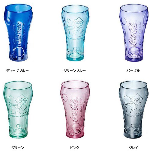 ↑ オリンピック応援Coke Glass(コークグラス)。上段左からディープブルー、グリーンブルー、パープル(6月19日以降)、下段左からグリーン、ピンク、グレイ(7月上旬以降・予定)