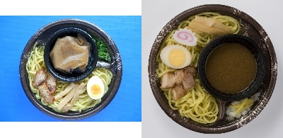 ↑ 左「つけめんShin監修　濃厚魚介豚骨の冷しつけ麺」、右「しゅはり監修　冷しつけ麺」
