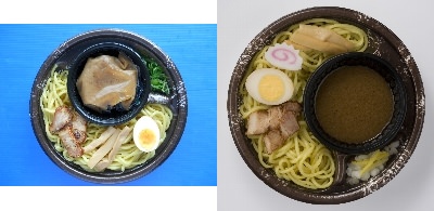 ↑ 左「つけめんShin監修 濃厚魚介豚骨の冷しつけ麺」、右「しゅはり監修 冷しつけ麺」