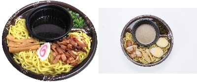↑ 左「カドヤ食堂監修 冷しつけ麺」、右「山小屋監修 冷しつけ麺」