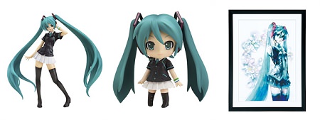 ↑ 左から「A賞:初音ミクFamilyMart ver.1/8 スケールフィギア」「B賞:ねんどろいど 初音ミクFamilyMart ver.」「C賞:オリジナル複製原画 Illustration by KEI」