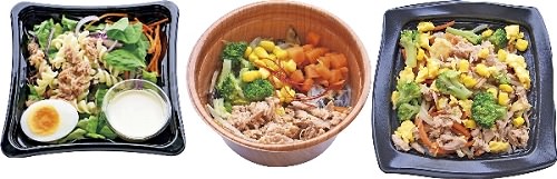↑ 左から「ヨーグルト風味のシーチキンマカロニ」「たっぷり野菜とシーチキンのスープ」「シーチキンと彩り野菜炒め」