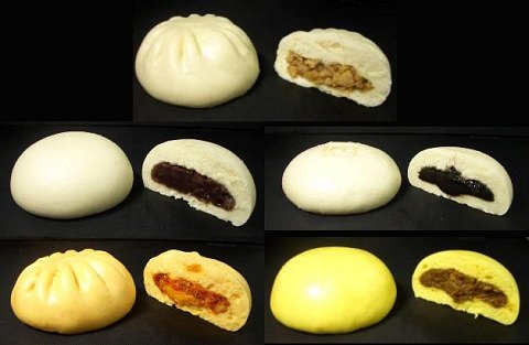 ↑ 上段・肉まん、中段左・つぶあんまん、中段右・こしあんまん、下段左ピザまん、下段右・カレーまん