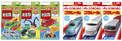 ↑ 森永マミーキッズ トミカ アップル味(左)と森永マミーキッズ プラレール(右)
