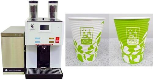 ↑ 専用コーヒーマシン(左)とカップデザイン(右)(基本。店舗でデザインが異なる場合がある)