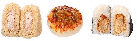 ↑ 左から「コーンビーフマヨおむすび」「ベーコンとチーズのピザ風おむすび」「唐揚げマヨおむすび(チーズ風味マヨ)」