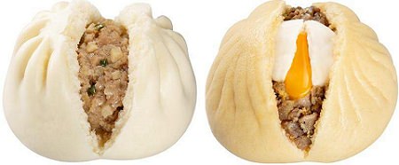 ↑ 驚きのジャンボ肉まん(左)ととろーり月見肉まん(右)