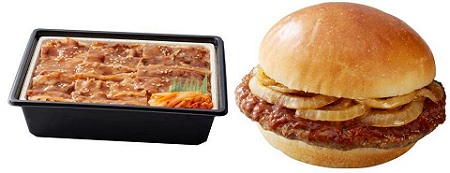 ↑ 生姜めしの牛カルビ焼肉重(左)とペッパーデミビーフバーガー(右)