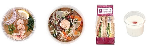 ↑  左から「海老と蒸し鶏のフォー（コラーゲン入）」「野菜と春雨の生姜スープ（コラーゲン入り）」「ハニーマスタードチキンとコブサラダ」「コラーゲン入り杏仁豆腐」