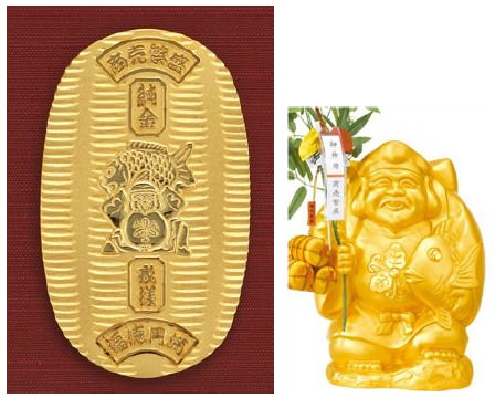 ↑ 純金 戎小判額(小判部分)(左)と純金製戎様(右)