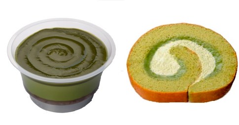 ↑ 濃厚抹茶ソースの抹茶プリン(左)と濃厚抹茶クリームロール(右)