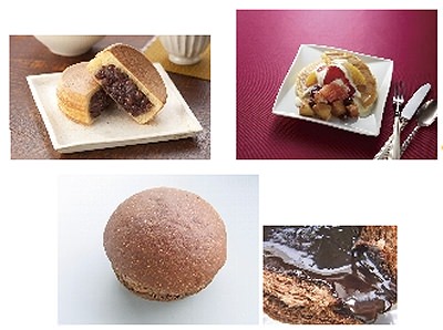 ↑ 上・左から「Uchi Cafe' SWEETS あんこやの今川焼き(つぶあん)」「Uchi Cafe' SWEETS　焼きりんごとフレッシュフルーツのパンケーキ」、下「ほろにがショコラブラン」