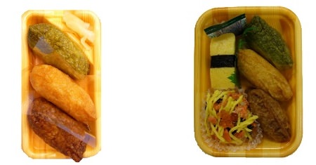 ↑ 「3色いなり」(左)と「3色いなりと寿司の詰め合わせ」(右)