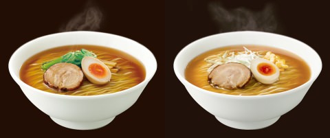 ↑ 展開される日清ラ王袋麺イメージ。左がしょうゆ味(チャーシュー、煮玉子、ほうれん草、メンマ、輪切りねぎ(青ネギ)付き)、右がみそ味(チャーシュー、煮玉子、コーン、もやし、白髪ねぎ付き)