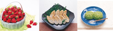 ↑ 商品イメージ(左から山元いちご、笹かま、ずんだ餅)